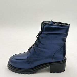 Navy Round Toe Lug Sole Combat Ankle Boots Trendy Lace Up Chunky Low Heel Bootie